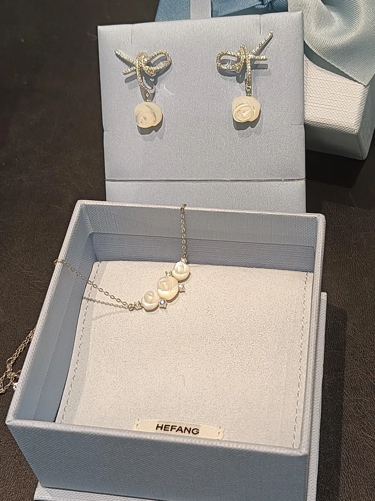 Rose and Crystal Bow Drop Earrings 4