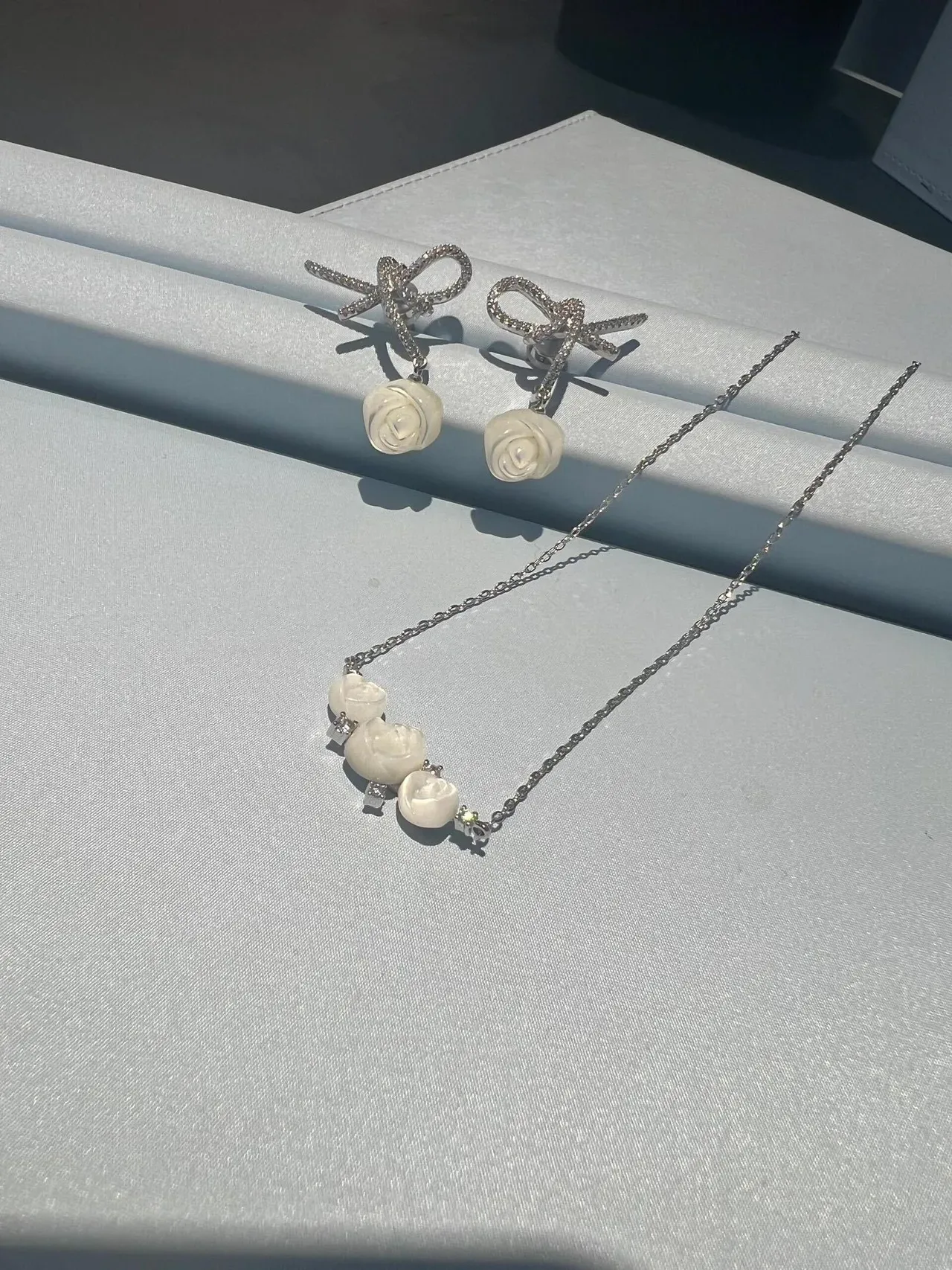 Rose and Crystal Bow Drop Earrings 5