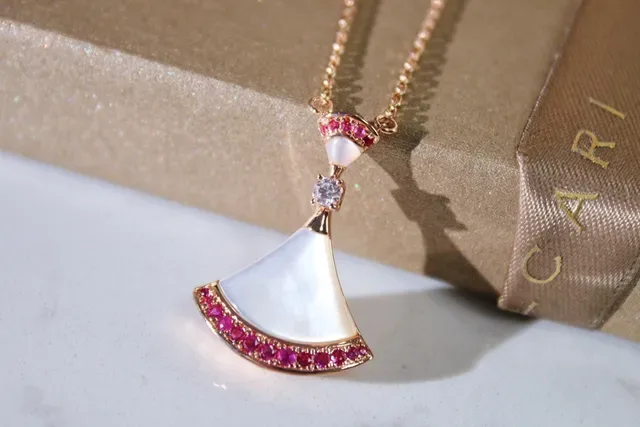 Rose Gold Fan-Shaped Mother-of-Pearl and Pink Gemstone Pendant Necklaces 3