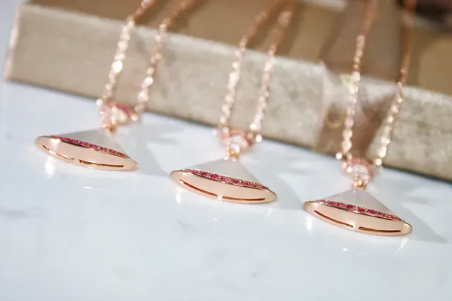 Rose Gold Fan-Shaped Mother-of-Pearl and Pink Gemstone Pendant Necklaces 5