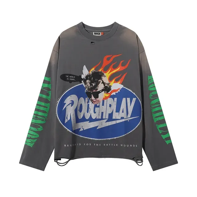ROUGH Graphic Print Oversized Distressed Hem T-Shirt 6