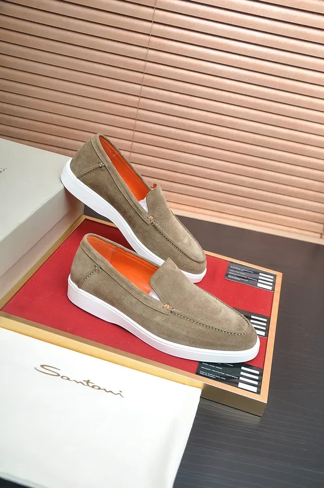 Santoni Brown Orange Suede Upper Moc-Toe Stitching Loafer 4
