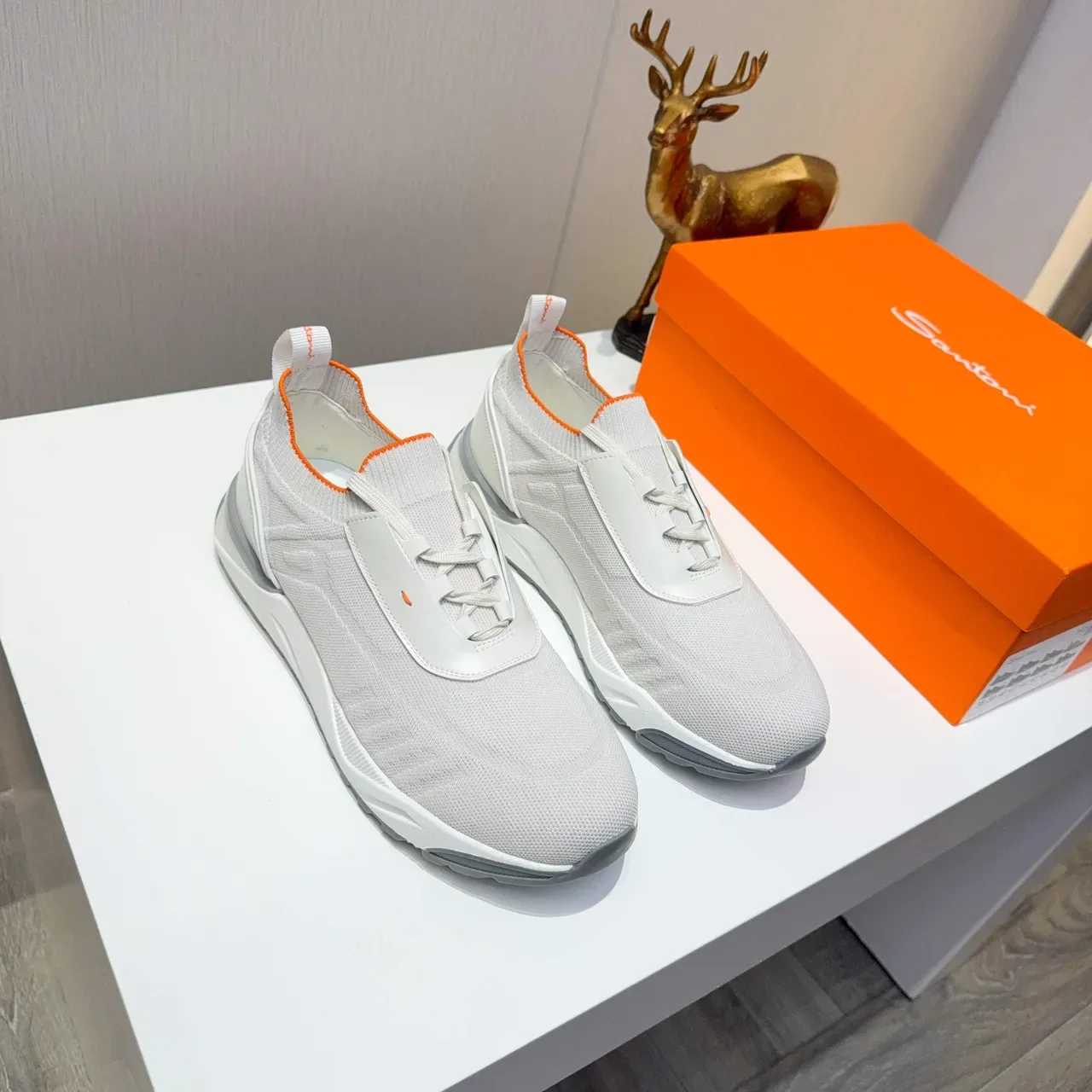 Santoni Gray Orange Knit Upper Synthetic Strap Overlay Sneakers 5