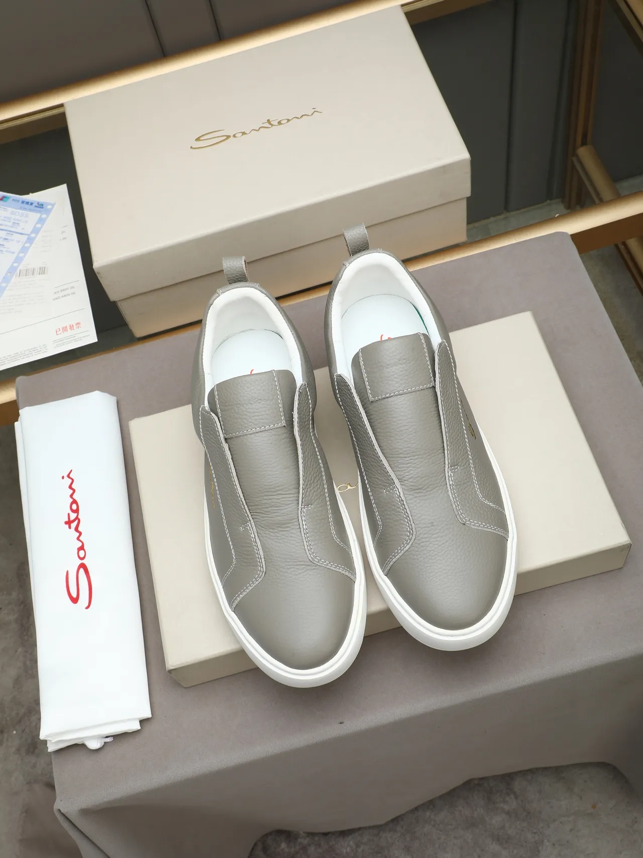 Santoni Gray Pebbled Leather Slip-On Loafers 2