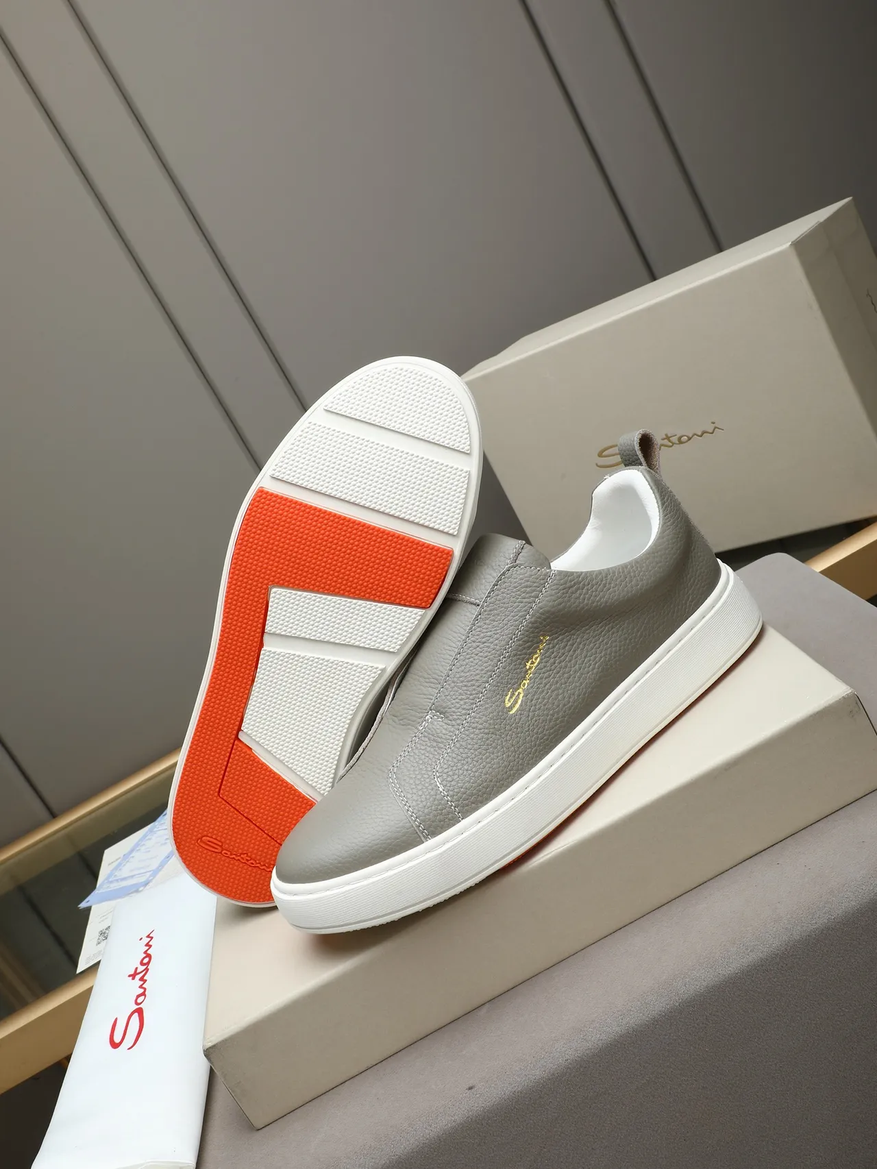 Santoni Gray Pebbled Leather Slip-On Loafers 4
