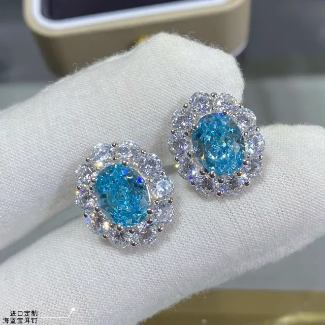 Sea Blue Oval Halo Cluster Stud Earrings 2