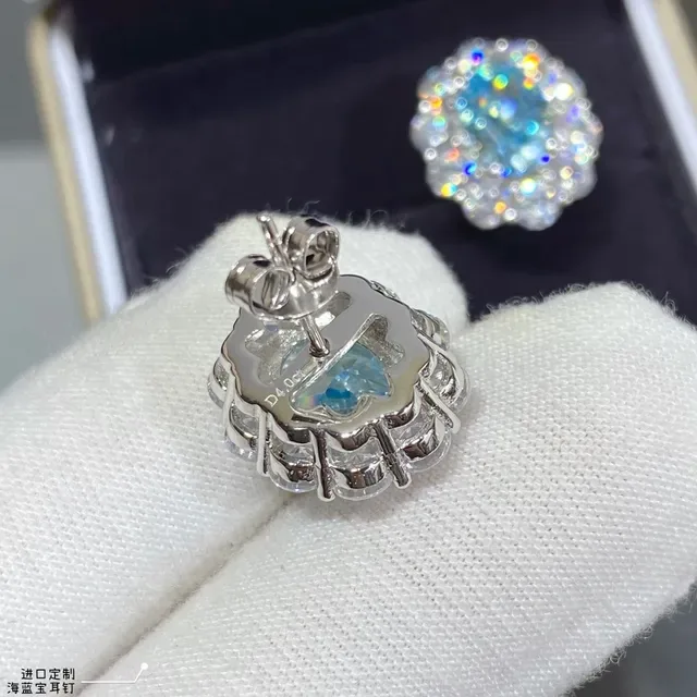 Sea Blue Oval Halo Cluster Stud Earrings 4