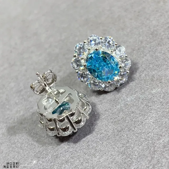 Sea Blue Oval Halo Cluster Stud Earrings 5