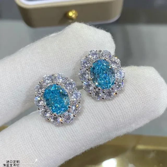 Sea Blue Oval Halo Cluster Stud Earrings 6