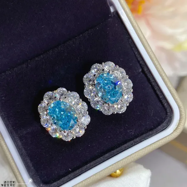 Sea Blue Oval Halo Cluster Stud Earrings 8