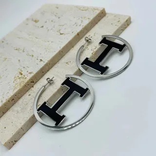 Silver Black Hoop Logo-Cutout Design Earrings