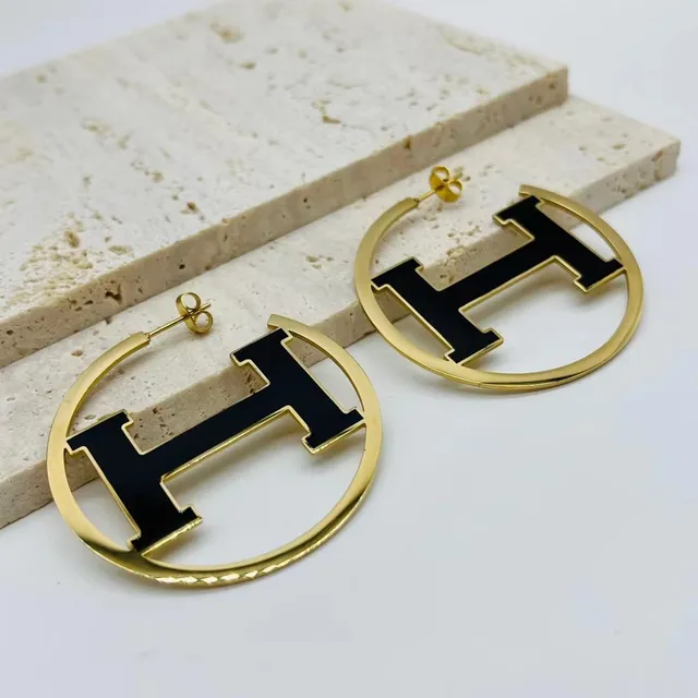 Silver Black Hoop Logo-Cutout Design Earrings 4