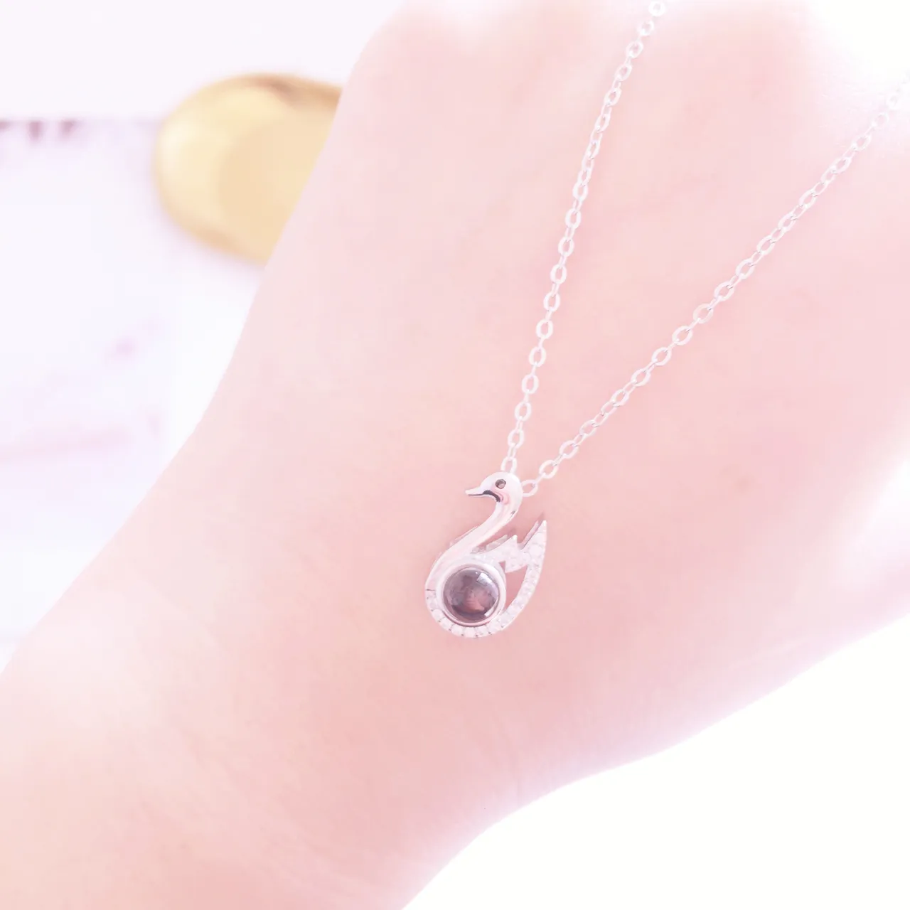 Silver Black Swan-Shaped Pendant Pavé-Set Clear Stones Necklace 2
