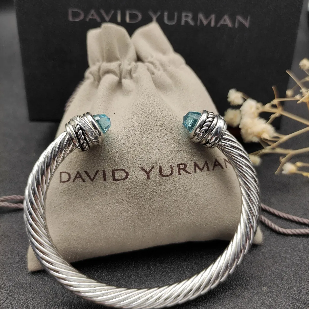 Silver Blue Twisted Cable Open Cuff Bracelet 3