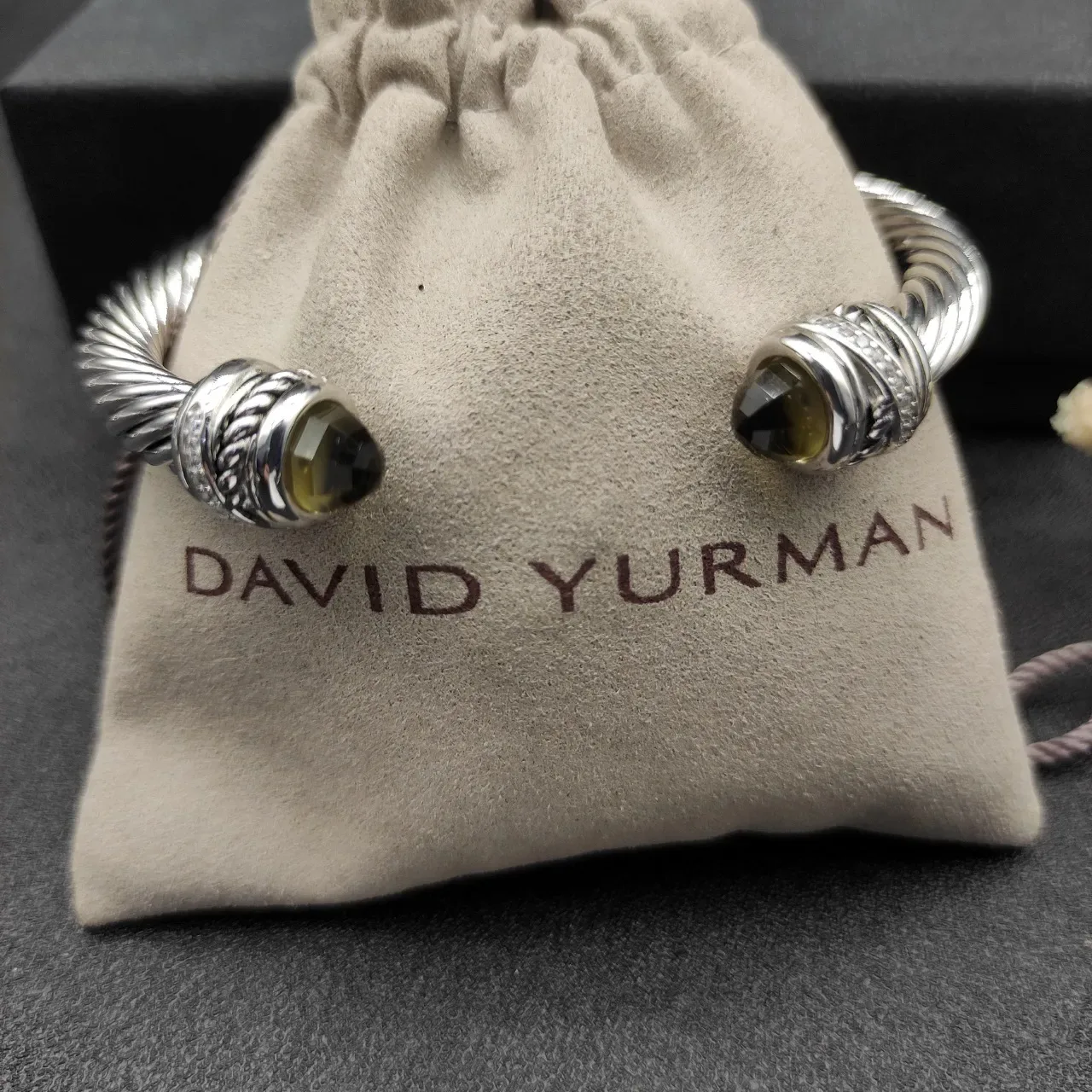 Silver Brown Twisted Cable Construction Faceted Olive-Green Stone Terminals Bracelet 3