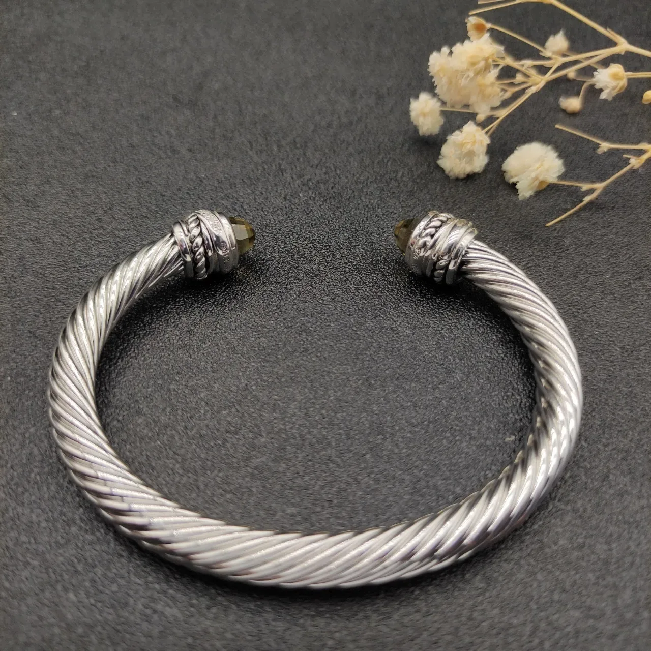Silver Brown Twisted Cable Construction Faceted Olive-Green Stone Terminals Bracelet 6
