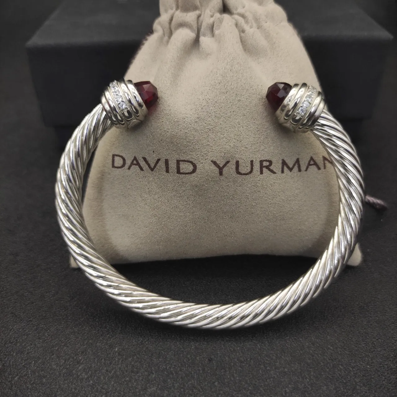 Silver Burgundy Twisted Cable Faceted Red Gemstone Terminals Bracelet 2