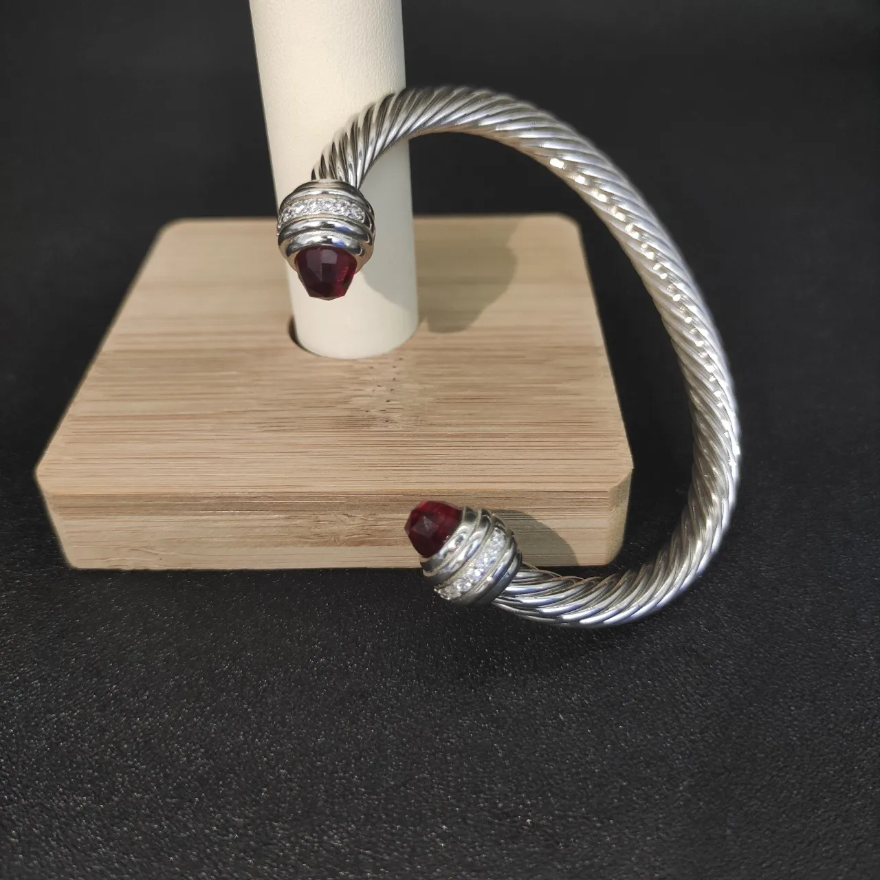 Silver Burgundy Twisted Cable Faceted Red Gemstone Terminals Bracelet 7