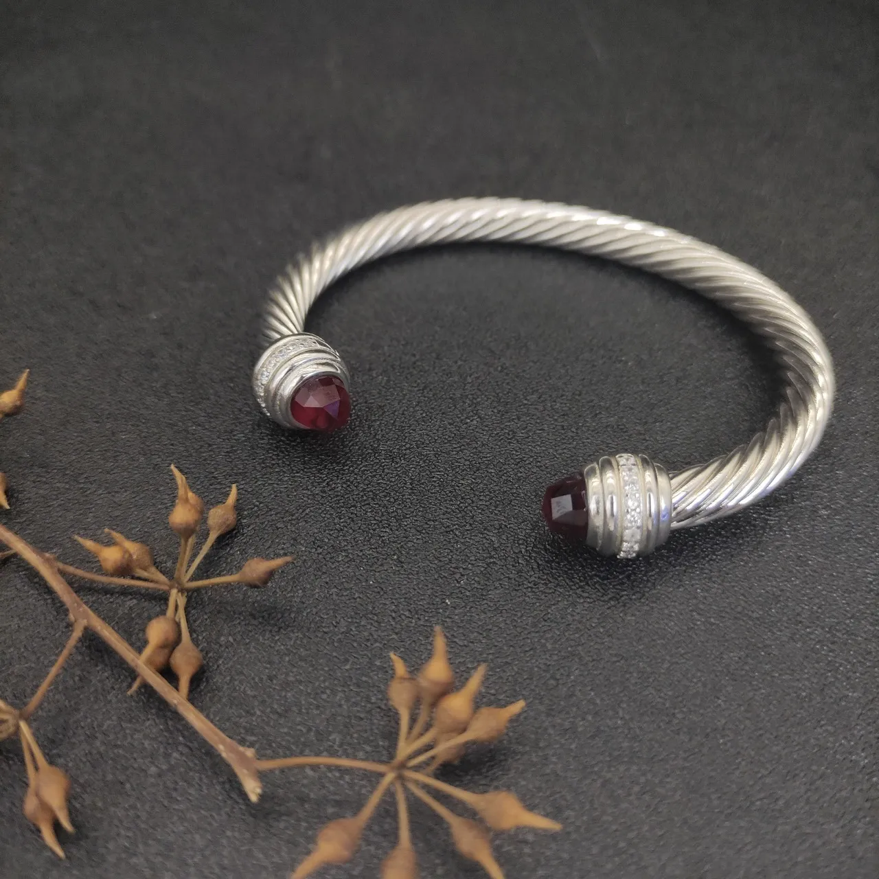Silver Burgundy Twisted Cable Faceted Red Gemstone Terminals Bracelet 8