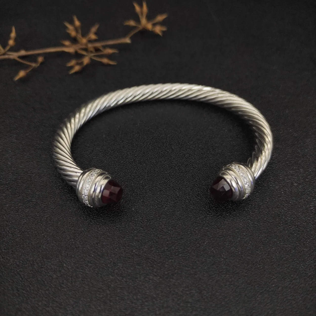 Silver Burgundy Twisted Cable Faceted Red Gemstone Terminals Bracelet 9
