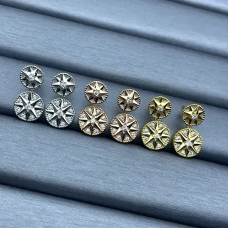 Silver Gold Double-Drop Compass-Star Motif Earrings