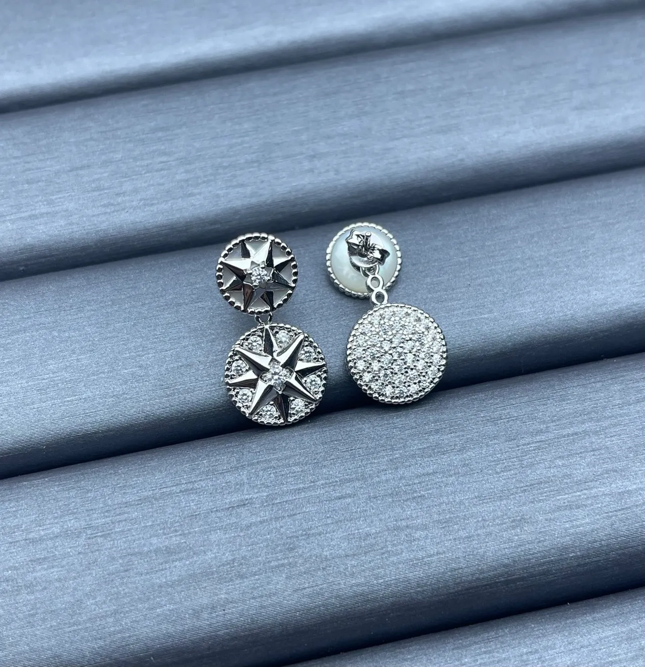 Silver Gold Double-Drop Compass-Star Motif Earrings 2