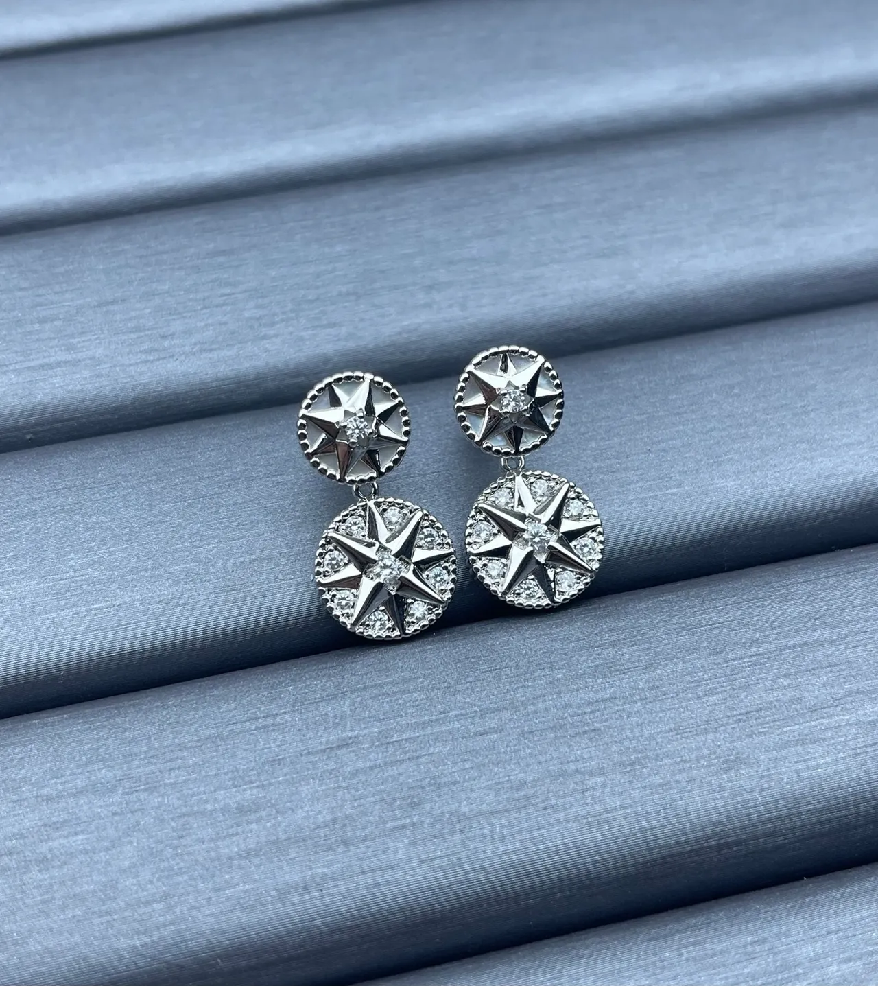 Silver Gold Double-Drop Compass-Star Motif Earrings 3