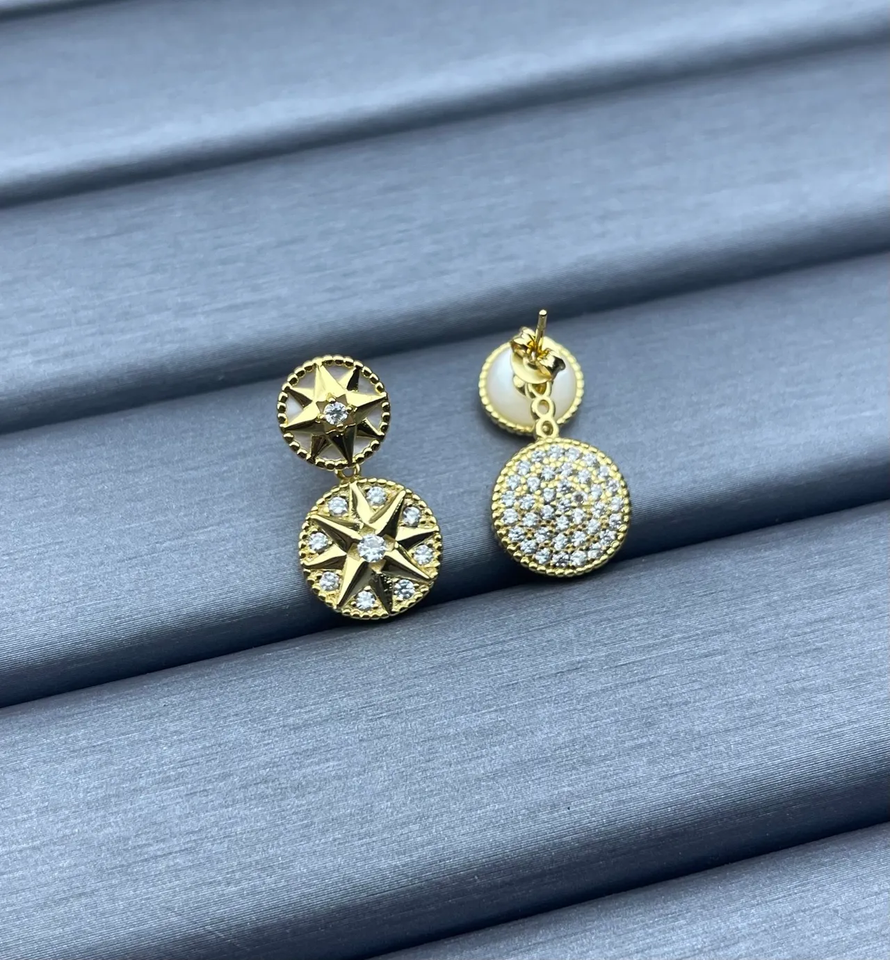 Silver Gold Double-Drop Compass-Star Motif Earrings 4