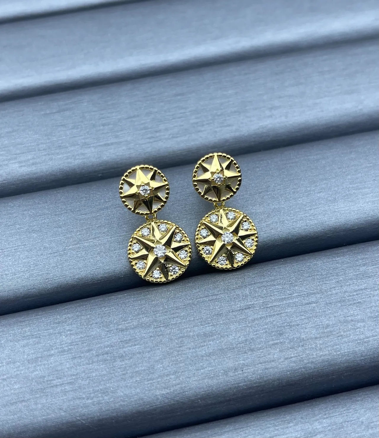 Silver Gold Double-Drop Compass-Star Motif Earrings 5