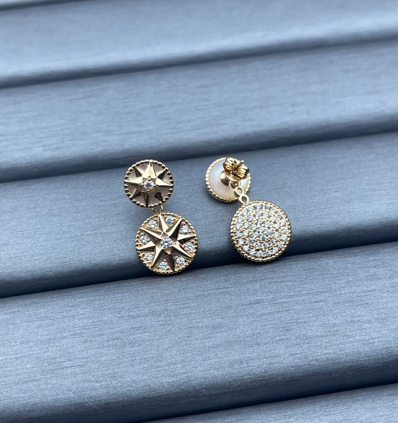 Silver Gold Double-Drop Compass-Star Motif Earrings 6