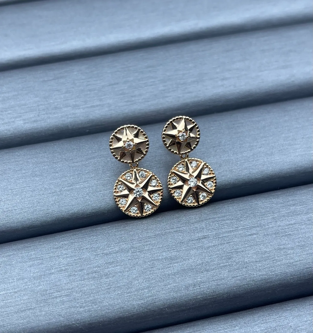 Silver Gold Double-Drop Compass-Star Motif Earrings 7