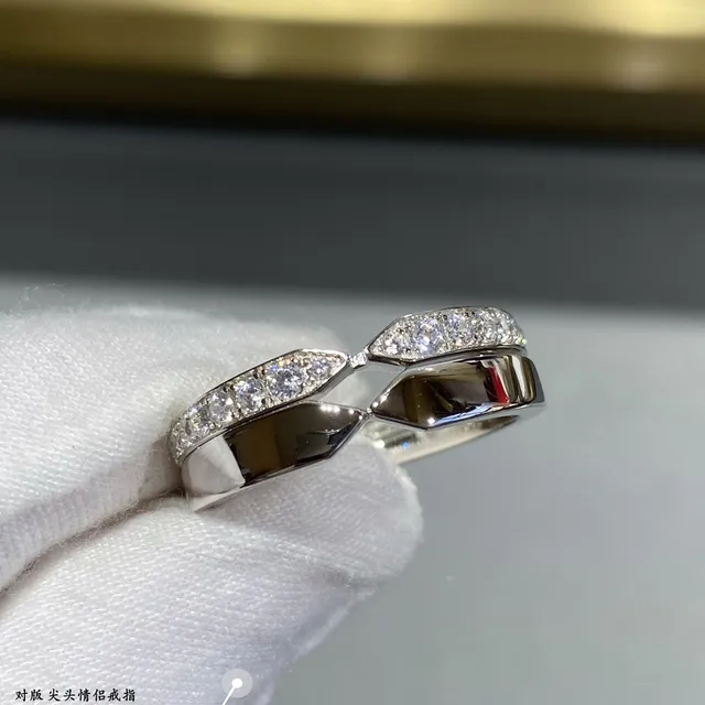 Silver Gold Geometric Twisted Band Pavé-Set Stones Ring 5