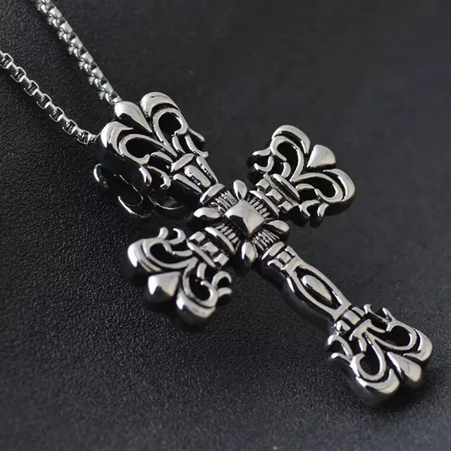 Silver Gray Ornate Gothic Cross Fleur-De-Lis Motifs Necklace 2