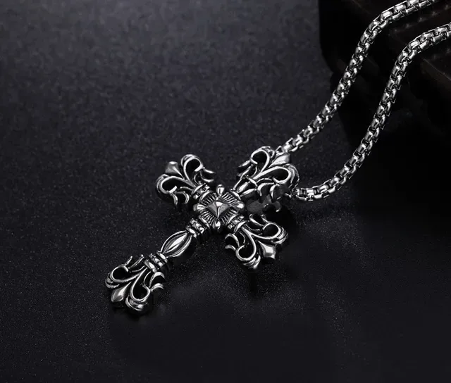 Silver Gray Ornate Gothic Cross Fleur-De-Lis Motifs Necklace 3