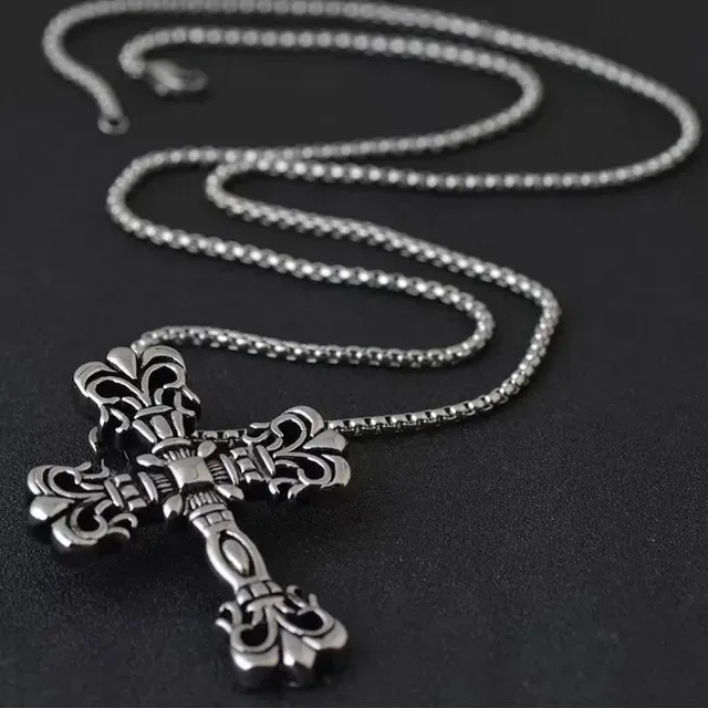 Silver Gray Ornate Gothic Cross Fleur-De-Lis Motifs Necklace 4