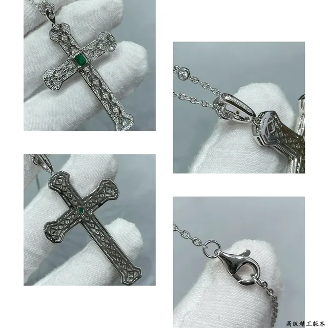 Silver Green Ornate Filigree Cross Pavé-Set Clear Stones Necklace 2
