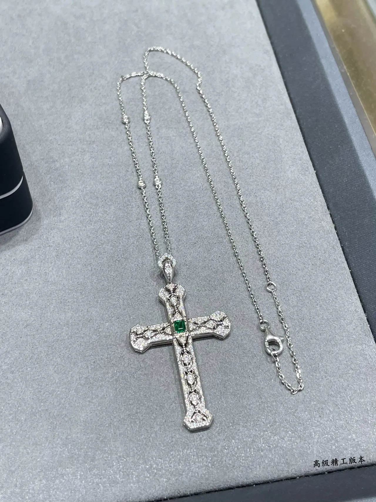 Silver Green Ornate Filigree Cross Pavé-Set Clear Stones Necklace 3