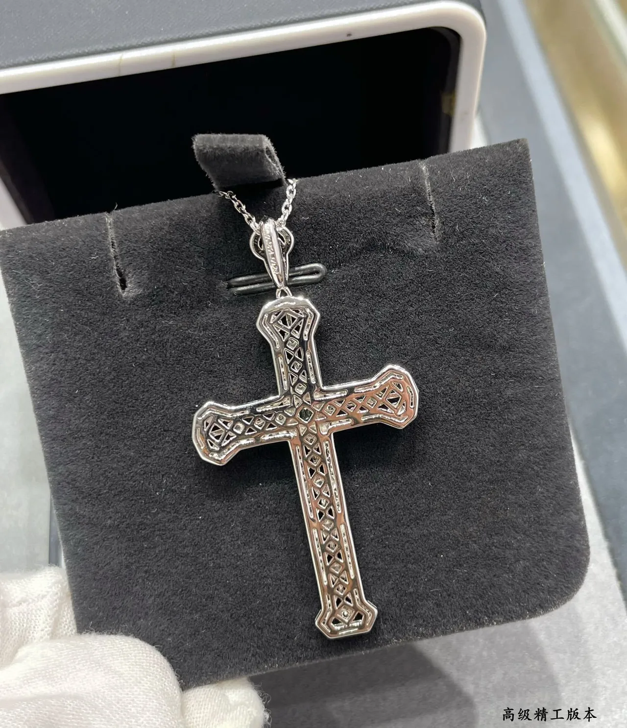 Silver Green Ornate Filigree Cross Pavé-Set Clear Stones Necklace 4