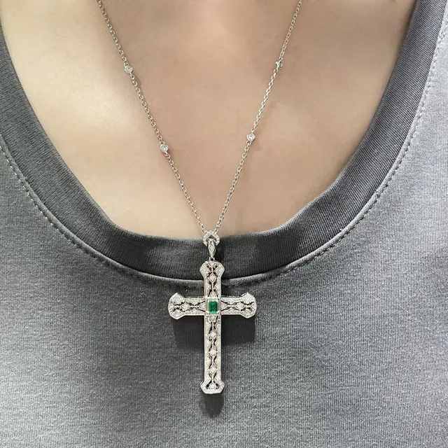 Silver Green Ornate Filigree Cross Pavé-Set Clear Stones Necklace 8
