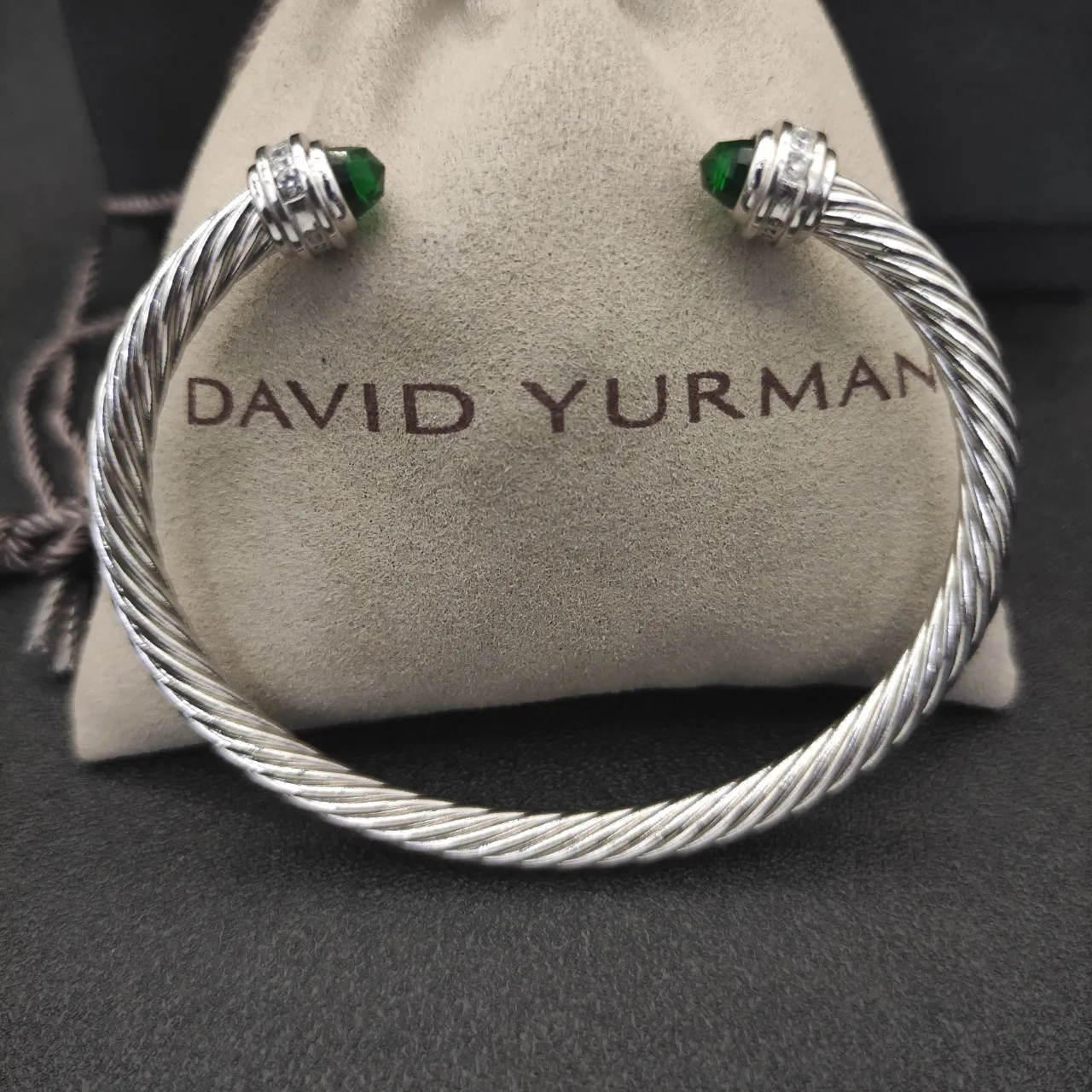 Silver Green Twisted Cable Faceted Stone Terminals Bracelet 2