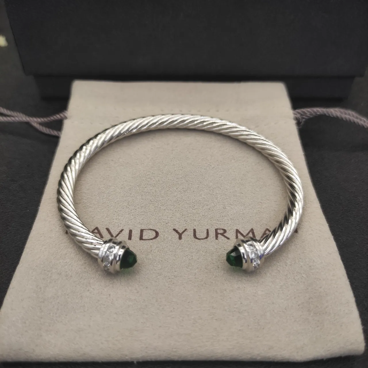 Silver Green Twisted Cable Faceted Stone Terminals Bracelet 4