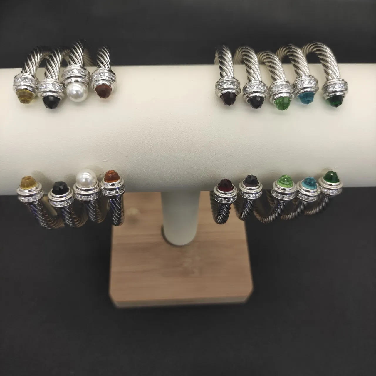 Silver Green Twisted Cable Faceted Stone Terminals Bracelet 6