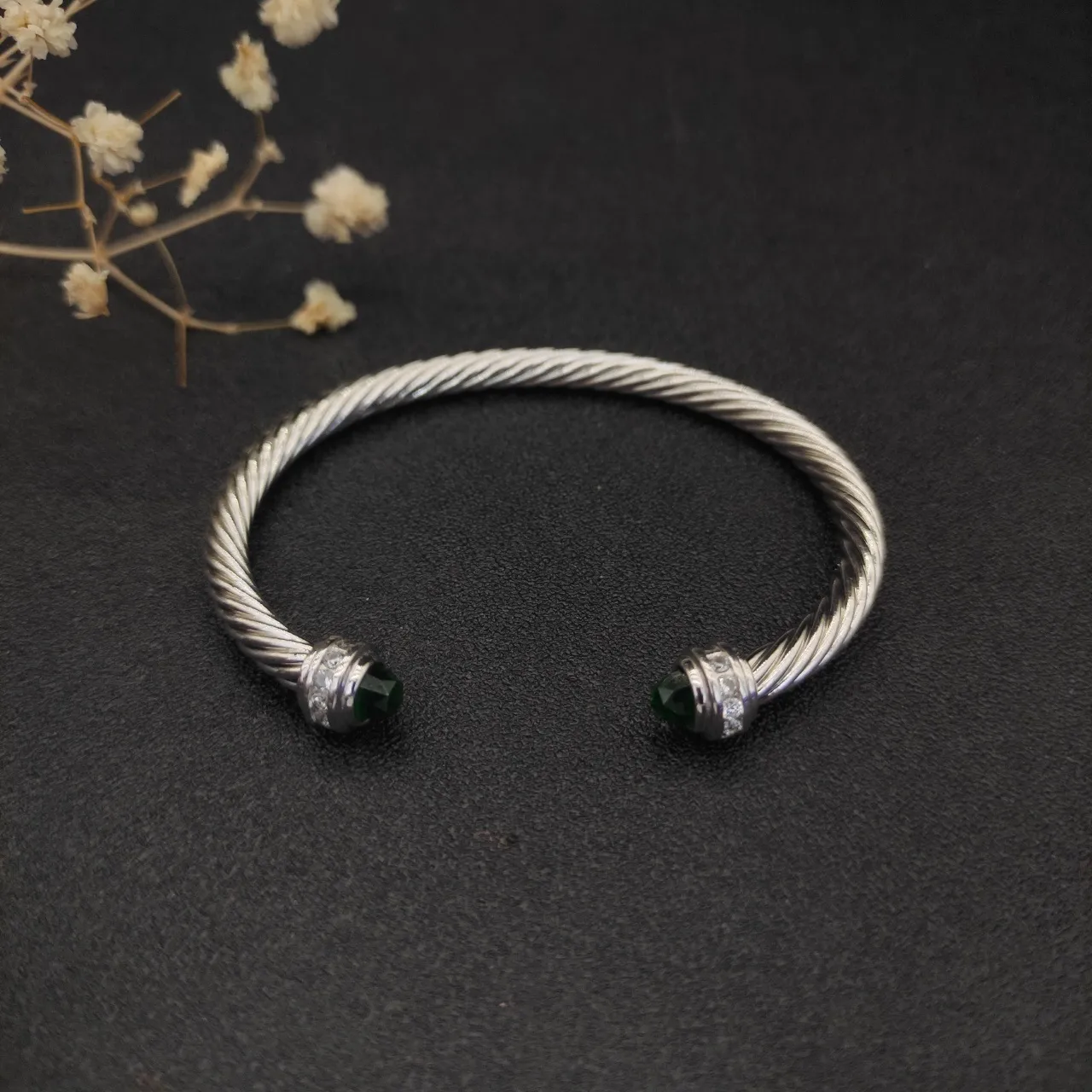 Silver Green Twisted Cable Faceted Stone Terminals Bracelet 8