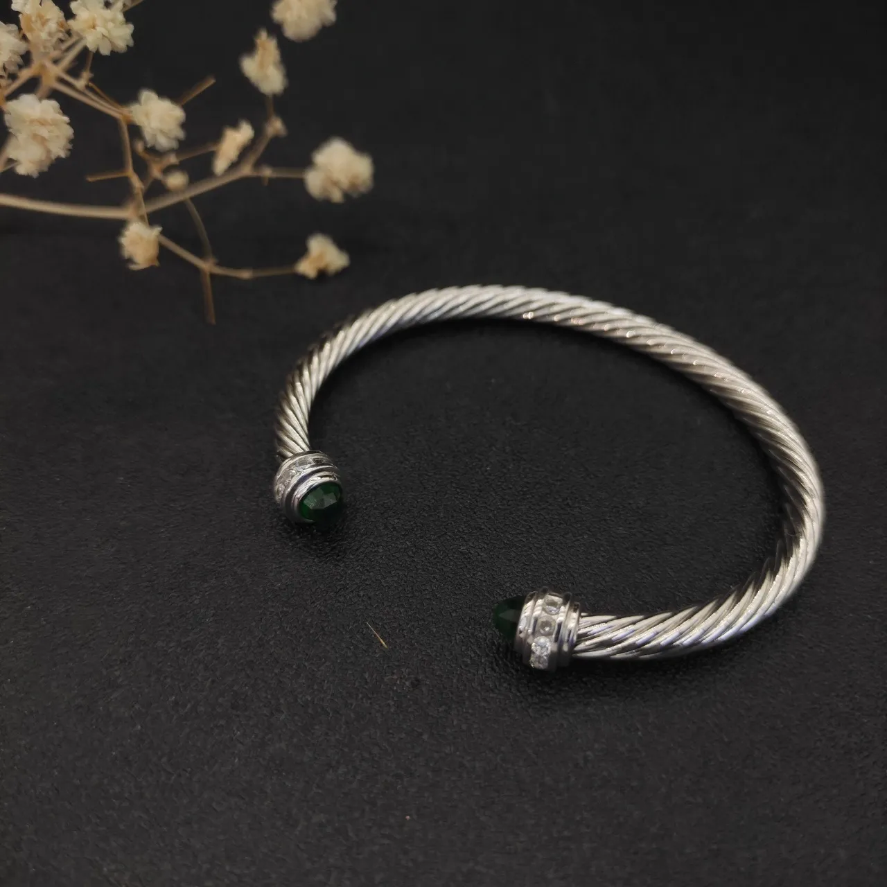 Silver Green Twisted Cable Faceted Stone Terminals Bracelet 9