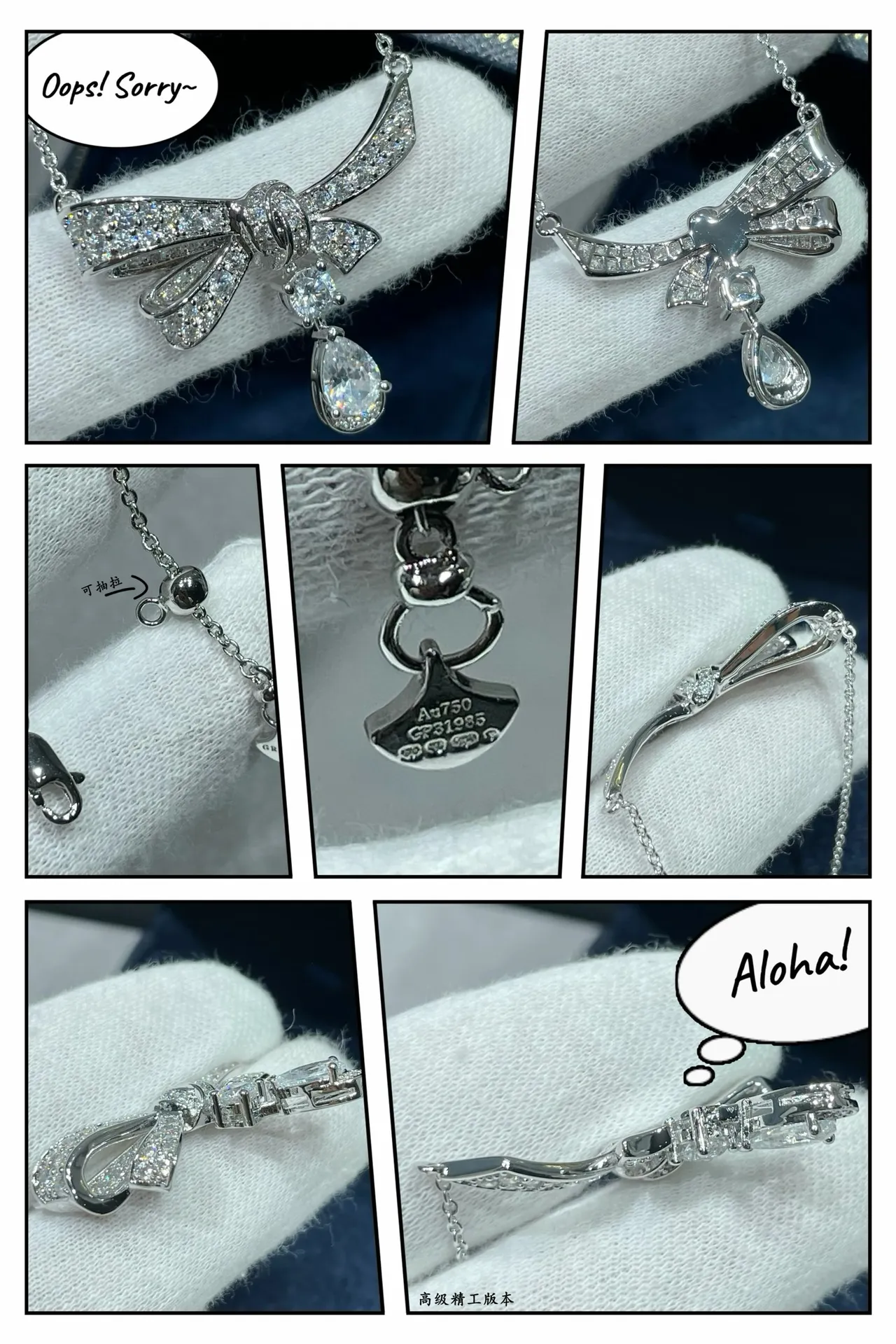 Silver Navy Bow-Shaped Pendant Pave-Set Crystals Necklace 4