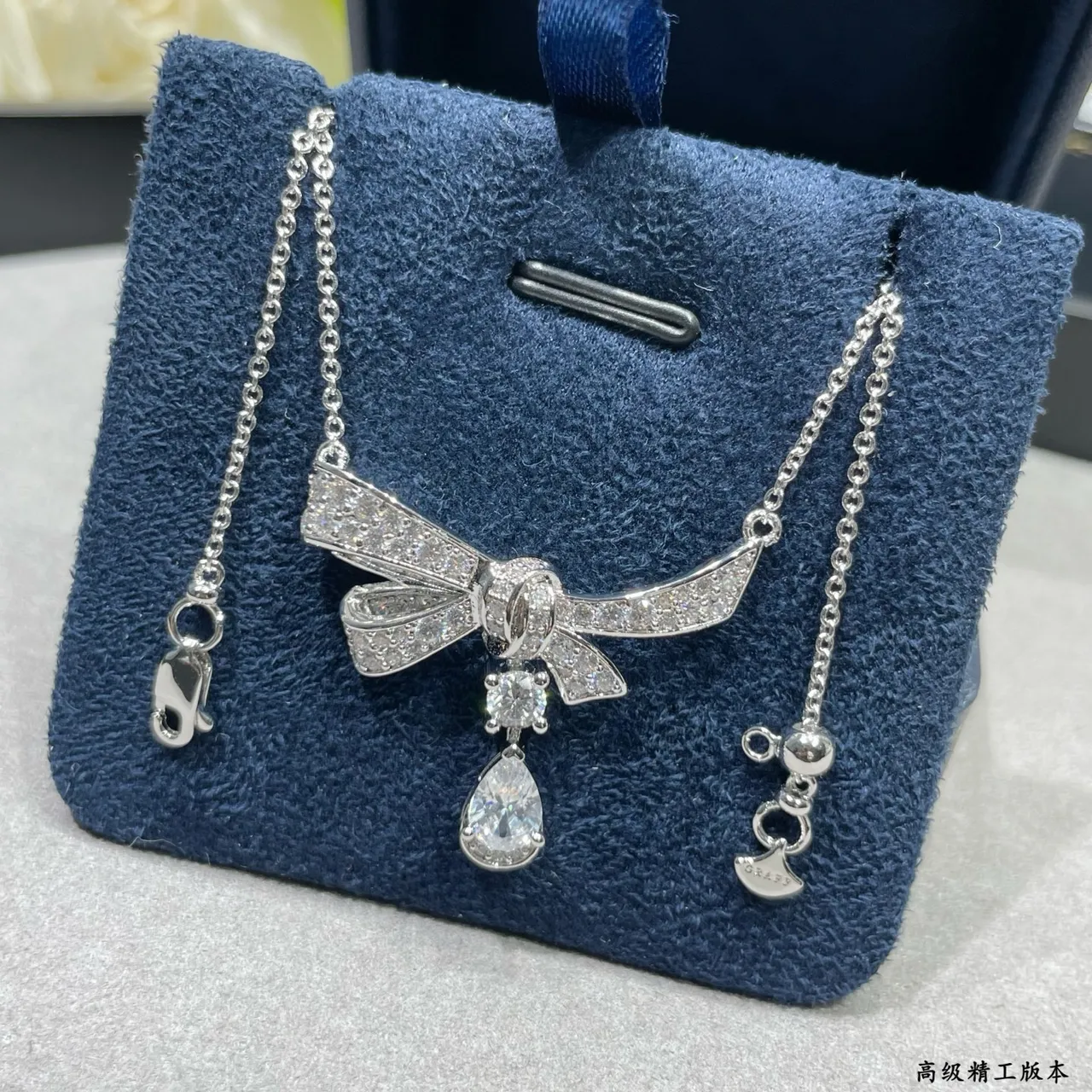 Silver Navy Bow-Shaped Pendant Pave-Set Crystals Necklace 5