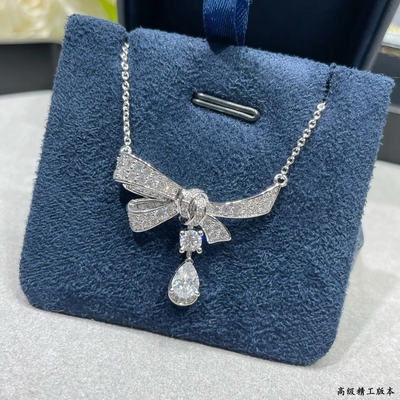 Silver Navy Bow-Shaped Pendant Pave-Set Crystals Necklace 6