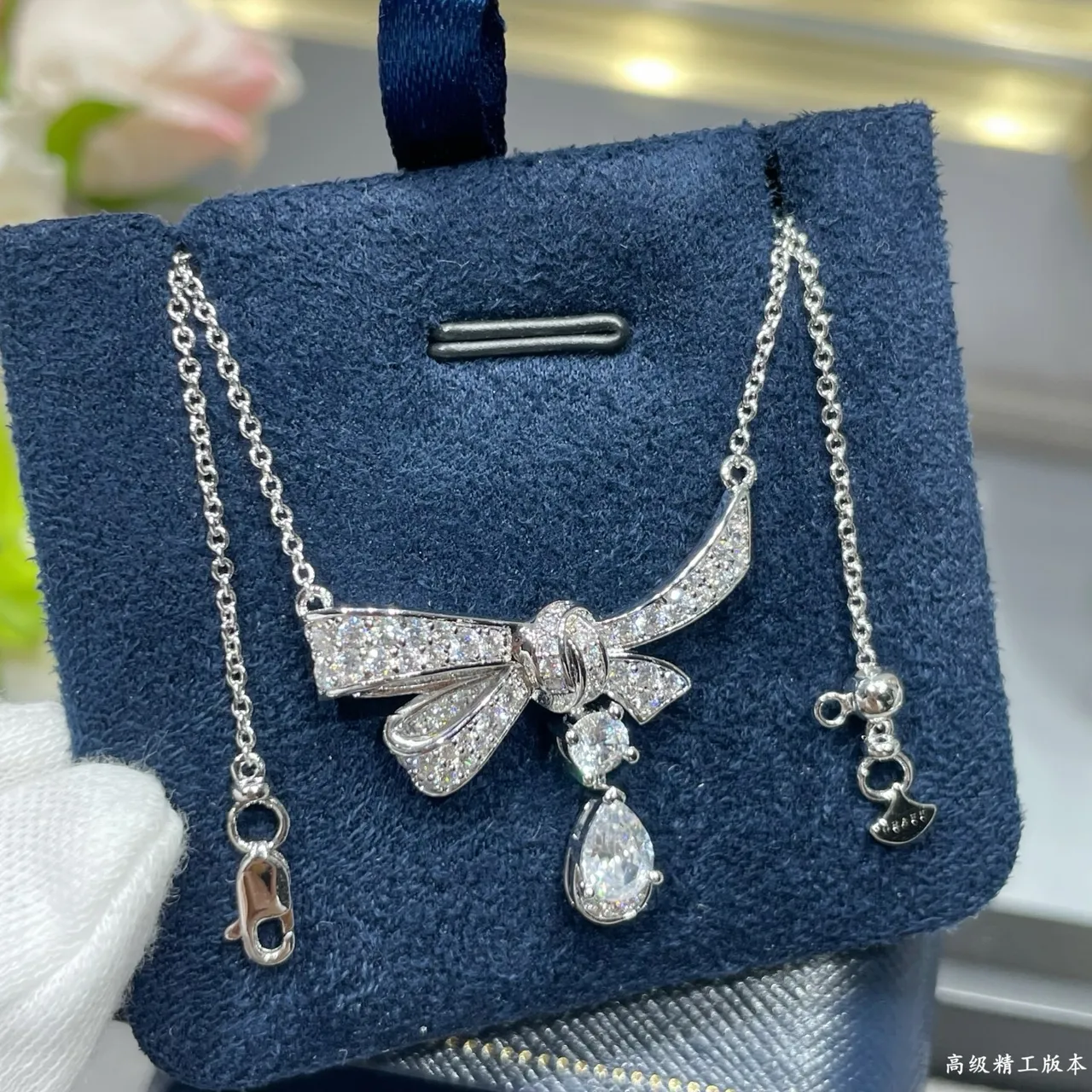 Silver Navy Bow-Shaped Pendant Pave-Set Crystals Necklace 7