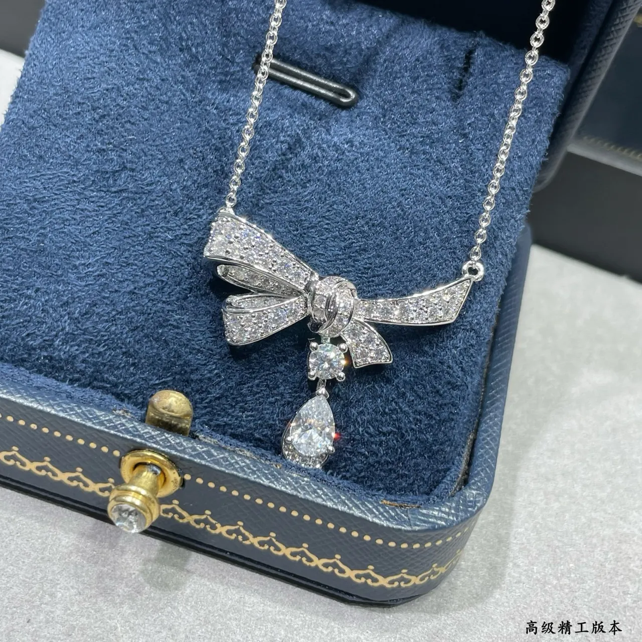 Silver Navy Bow-Shaped Pendant Pave-Set Crystals Necklace 9
