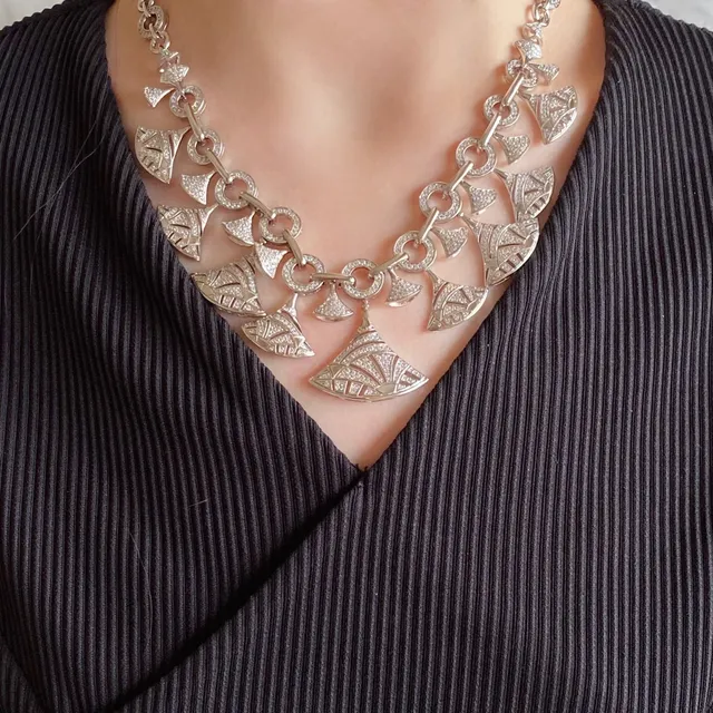 Silver-Tone Geometric Fan Pendant Pavé Statement Necklace 9